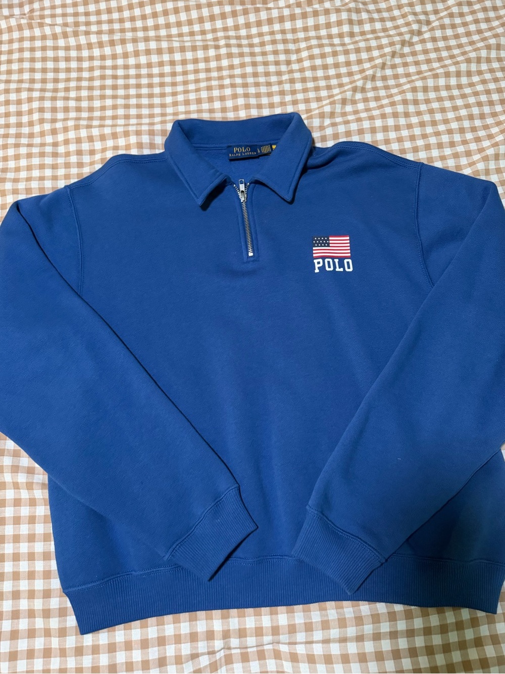 Ralph Lauren Polo Men's Royal Blue Half-Zip Sweatshirt with Flag Logo